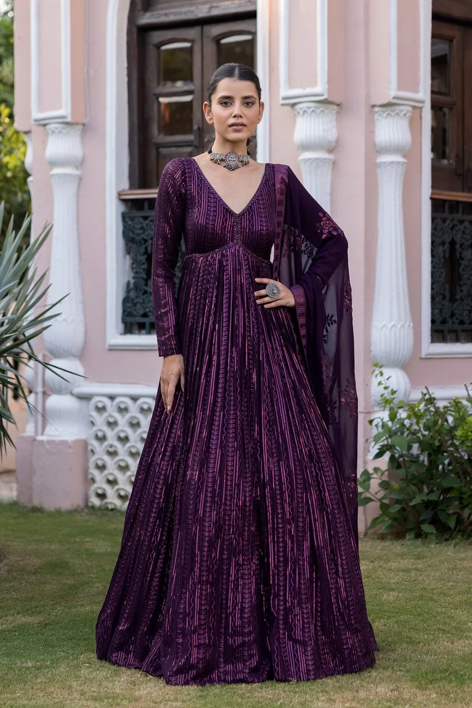 50Z637-NRO Wine Gown With Net Dupatta