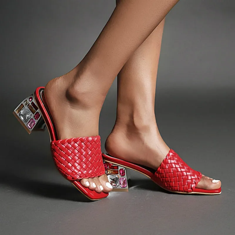 Open Toe Braided Rhinestones Chunky Heel Sandals